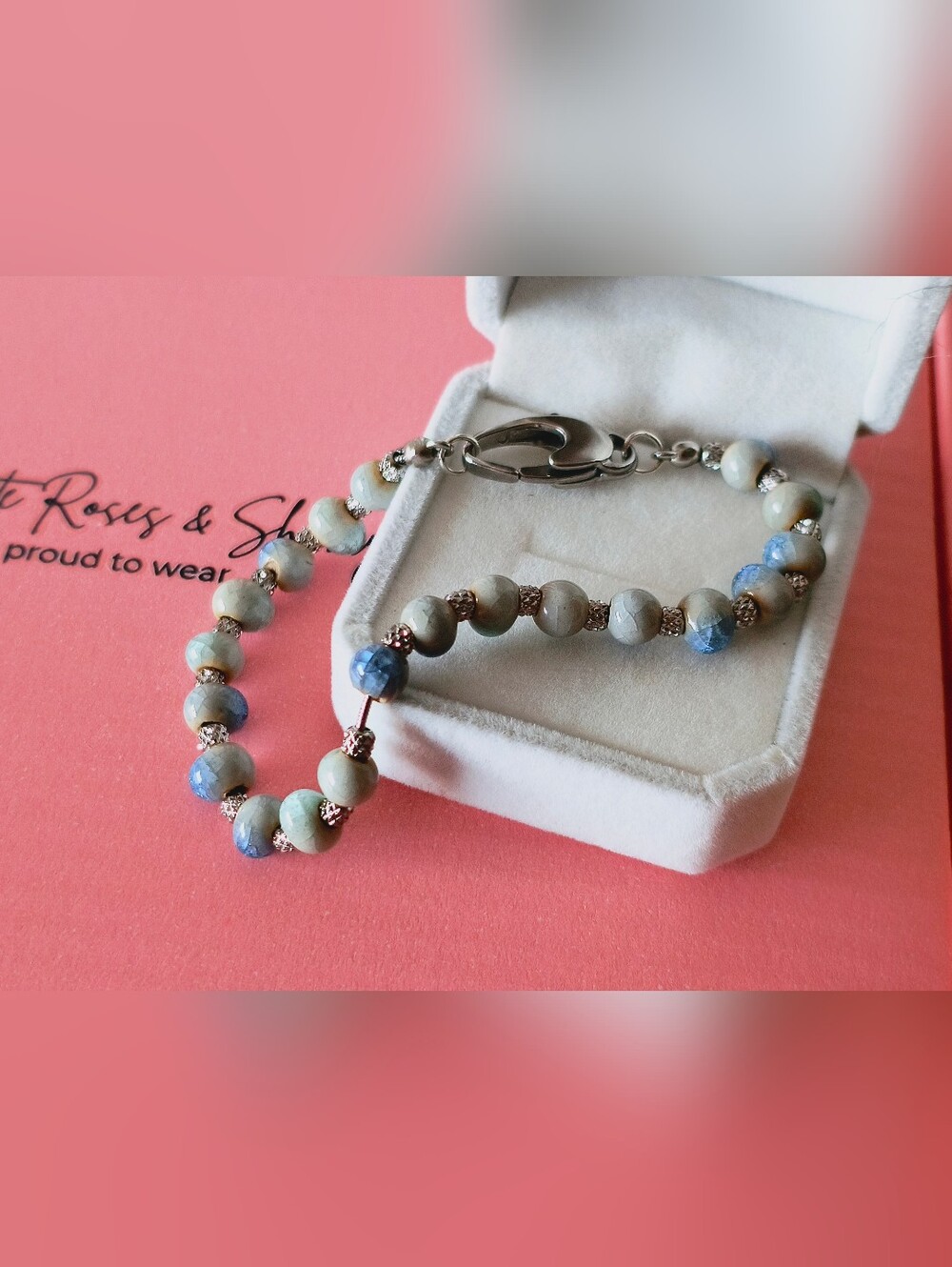 Blue Stone Beaded Bracelet Rhodium Plated Snake Chain 8"